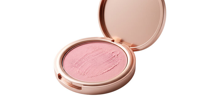 Pink powder blush in rose gold compact, luxury makeup palette for beauty branding, cosmetic face powder product isolated PNG with Transparent Background