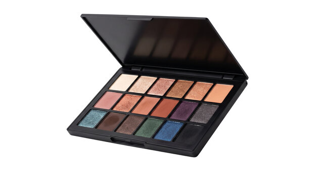 Professional eyeshadow palette with 18 colorful shades. Makeup kit for beauty salons. Cosmetic case with shimmer and matte pigments. isolated PNG with Transparent Background
