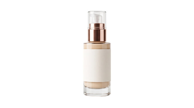 Luxury glass foundation bottle with rose gold pump, cosmetic liquid makeup container with blank label, professional beauty product packaging isolated PNG with Transparent Background