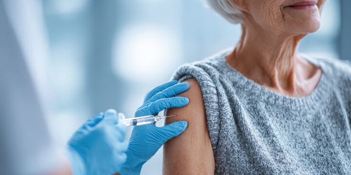 Doctor making medical drug injection or anti covid shot to disabled senior woman. Smiling elderly grandmother receiving a vaccine. Elder lady getting vaccination. Old people get inoculation. Flu, pox