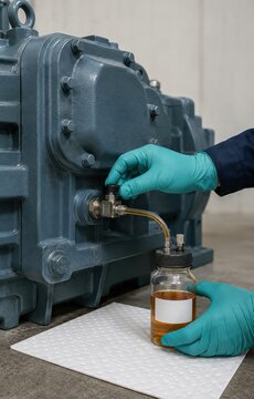 Technician taking oil sample from industrial gearbox for predictive maintenance analysis