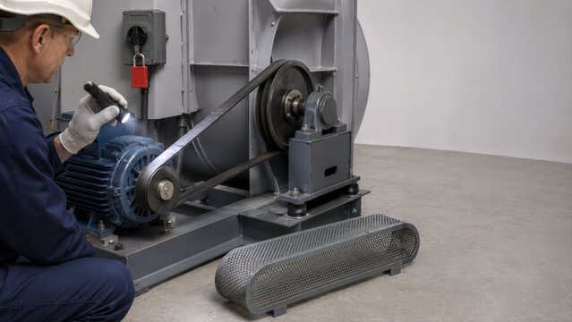 Technician using flashlight to inspect industrial motor belt drive for predictive maintenance
