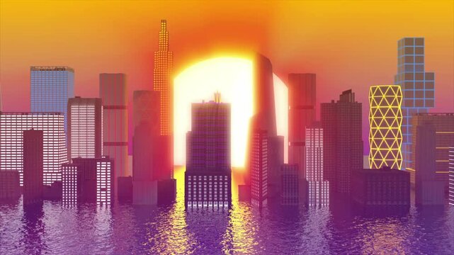 a city in water animation with scrolling to the side with a sun in the background