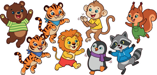 Naklejka premium Cute Cartoon Wild and Zoo Animal Characters Vector Set Featuring Happy Bear Tigers Monkey Lion Penguin Raccoon and Squirrel for Children Graphic Designs