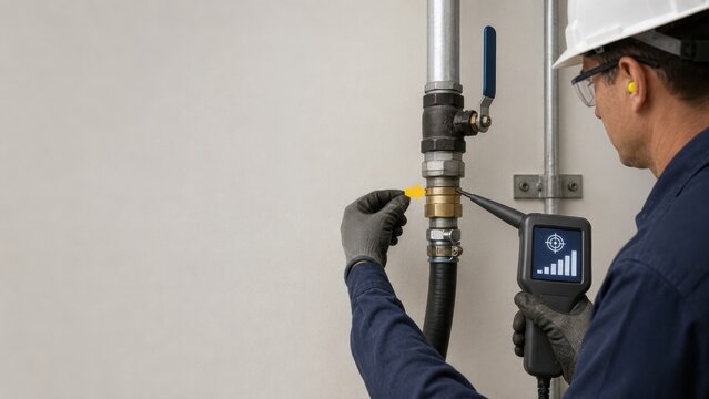 Technician using ultrasonic leak detector for predictive maintenance on industrial pipe valve