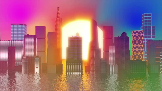 a city in water animation with scrolling to the side with a sun in the background