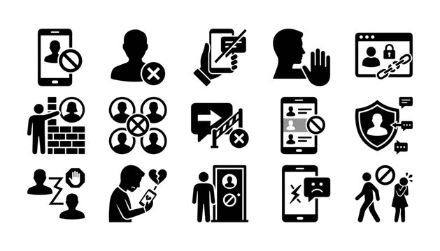 Set of black and white icons representing online harassment and cyberbullying