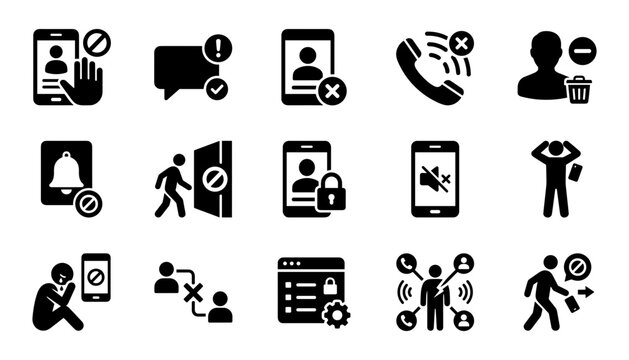 Set of black icons representing digital communication, blocking, and social interaction issues