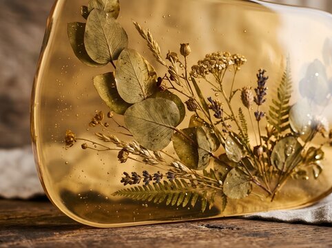 Clear Resin Art Block Filled with Pressed Botanical Flowers and Leaves