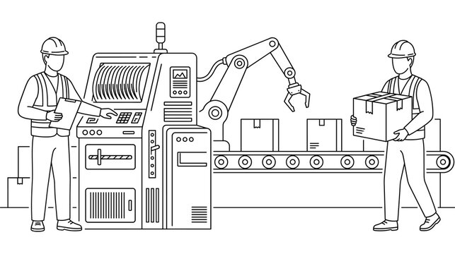 Factory workers operating robotic arm packaging machine on automated production assembly line.