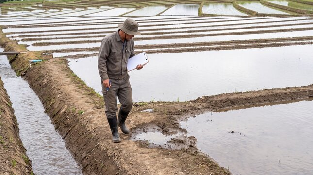 Agricultural Specialist Evaluating Crop Growth Data Within A Flooded Rice Terrace