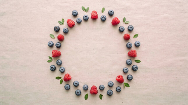fresh blueberries, red raspberries, and green leaves on soft linen background