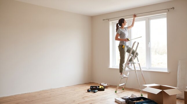 Young Caucasian woman on stepladder, installing curtain rod in empty room, cardboard boxes and tools on wooden floor, home renovation process
