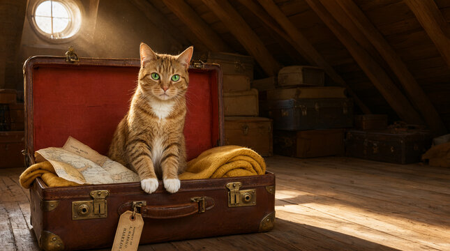 A ginger tabby cat with bright green eyes sits calmly in an open vintage leather suitcase filled with a yellow blanket and a map, bathed in warm sunlight streaming through a round