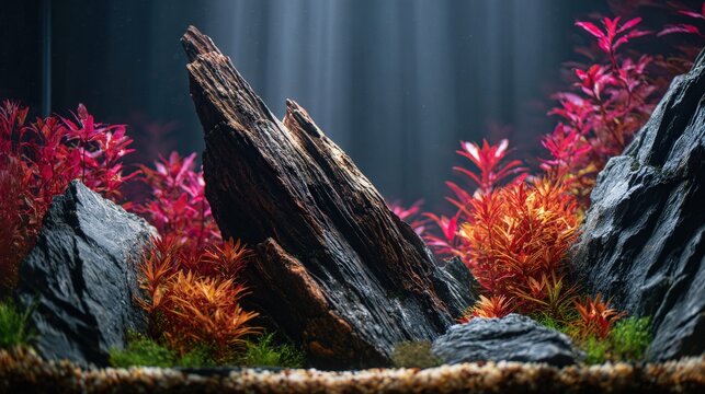 Aquascaping Scene With Driftwood and Red Aquarium Plants