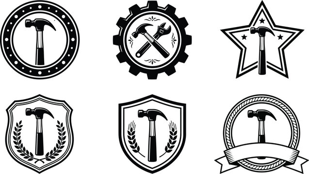 A collection of six distinct black and white professional vector badges featuring hammers and construction tools