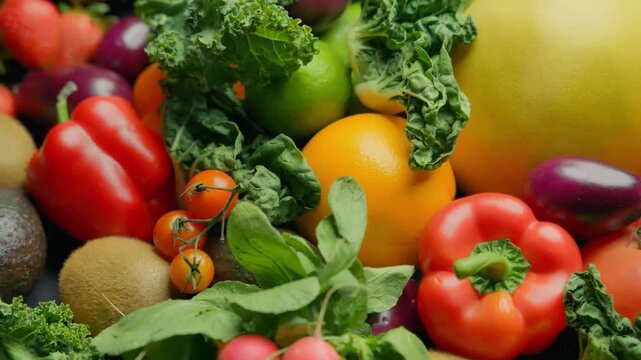 Vibrant selection of fresh fruits and vegetables arranged as a colorful healthy food composition, 4K Video.