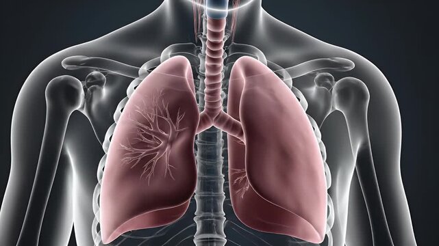 Anatomical rendering of the human respiratory system and upper torso