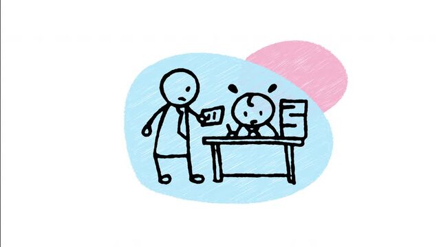 An animated hand-drawn stressed worker surrounded by towering stacks of office documents. Great for workload overload, corporate deadline pressure, paper organization, and stress management. 