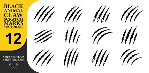 Fototapeta premium Set of twelve black animal claw scratch marks on transparent background for various creative designs. Gritty predator rips and slashes symbolize danger or action.