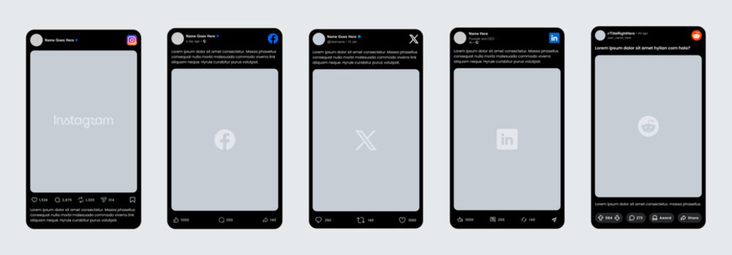 Instagram, Facebook, X, LinkedIn and Reddit post template, updated UI card, editable vector mockup.
