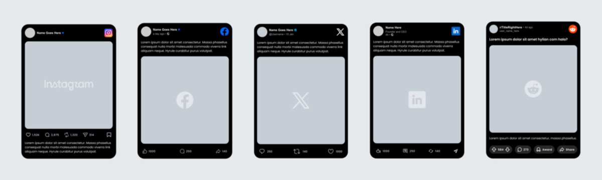 Instagram, Facebook, X, LinkedIn and Reddit post template, updated UI card, editable vector mockup.