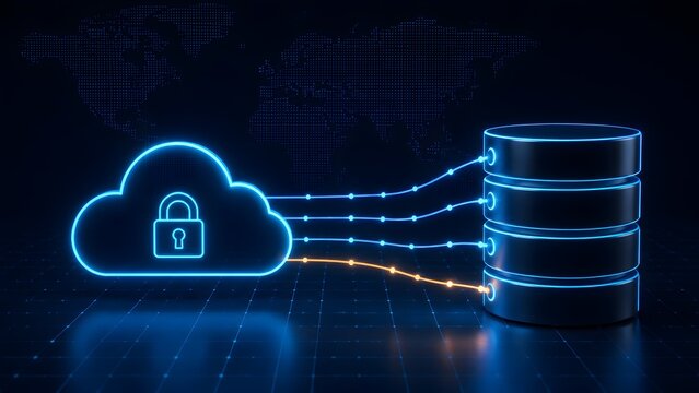 Glowing cloud computing icon with a padlock connecting to database servers representing secure global data storage and network encryption