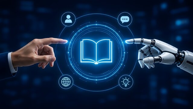 Human and robot hands pointing at a glowing digital book icon with network symbols representing machine learning, artificial intelligence education, and modern digital knowledge exchange