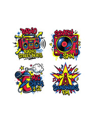 Fototapeta premium Set of hip hop graffiti music stickers boombox turntable spray can and radio antenna illustrations.