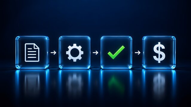 Sequential glowing glass icons showing a document, gear, checkmark, and dollar sign representing an automated business workflow, financial processing, and successful transaction pipeline