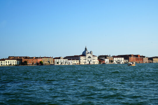 Venice, view to the Guidecca Island, architecture from the Laguna waters