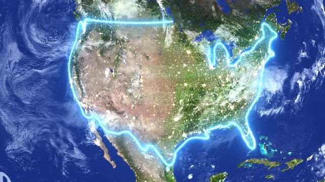 American Map Highlighted on 3D World Globe with Indian Flag. Futuristic America Map Location Tracker with Neon Outline and Flag. Map Outline with Neon Glow.