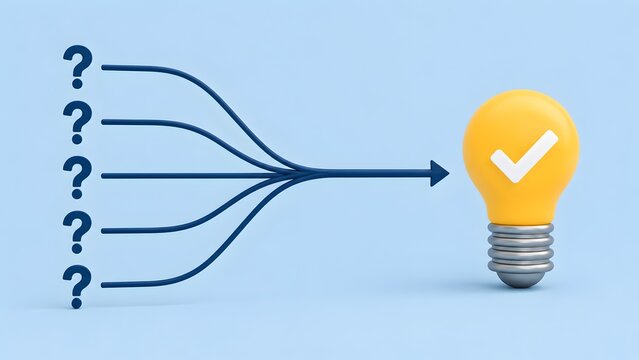 Multiple question marks converging into a single verified solution featuring a glowing yellow lightbulb representing brainstorming and business problem solving