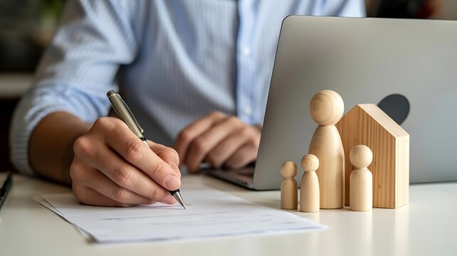 Man signing home insurance or mortgage contract with wooden family figures