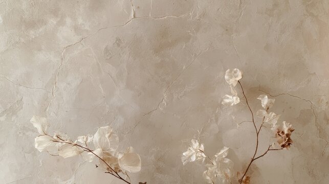 Rustic boho earth tone backdrop concept. Delicate dried flowers on a textured beige plaster wall background.