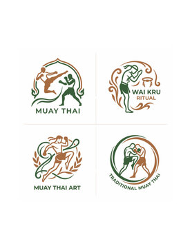 Set of traditional Muay Thai martial arts logo designs and emblems featuring Thai boxers in combat and performing Wai Kru ritual.