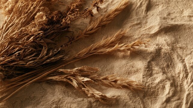 Rustic boho earth tone backdrop concept. Dried wheat stalks on a textured surface with natural earthy tones.