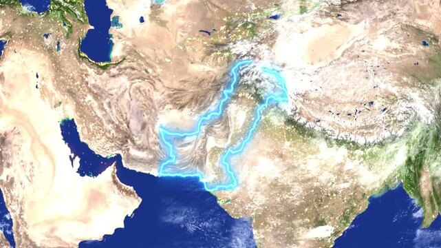 Pakistan Map Highlighted on 3D World Globe with Pakistan National Flag. Futuristic Pakistan Map Location Tracker with Neon Outline and Flag. Map Outline with Neon Glow.