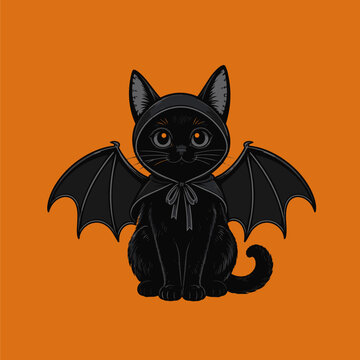 Black cat with bat wings on orange background illustration in vector for Halloween and spooky designs