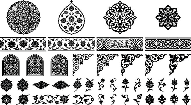 Collection of traditional islamic floral ornaments, geometric patterns, and decorative borders for architectural and artistic design
