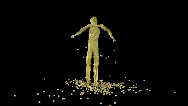 a dancing cube man  made of golden boxes