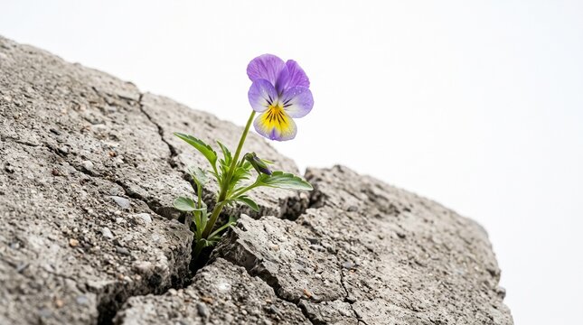 A single purple and yellow pansy flower grows through a crack in concrete