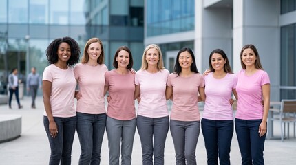 Obraz premium Diverse group of women in pink shirts standing together outside modern building