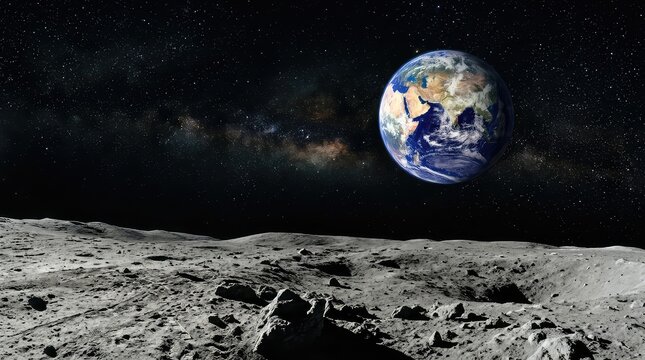 View of the planet earth seen from the rocky and cratered surface of the dark grey moon