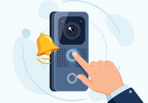 Smart home security and doorbell camera concept flat illustration showing human finger pressing button on modern video surveillance unit with yellow bell.