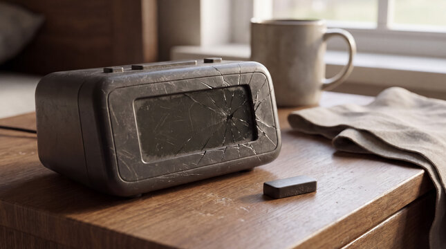 Shattered digital alarm clock on a bedside table, symbolizing morning stress, frustration, and a broken routine