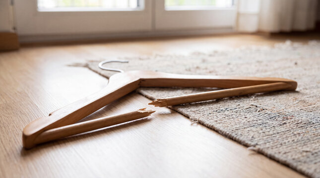 Broken wooden clothes hanger lying on hardwood floor and rug, representing damage and wear