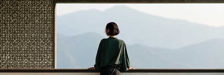 Naklejka premium Rear view woman leaning on balcony railing looking at layered mountain range for serene travel banner and minimalist wallpaper background
