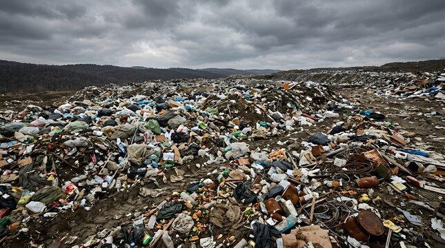 Large landfill with piles of domestic waste under a gloomy sky