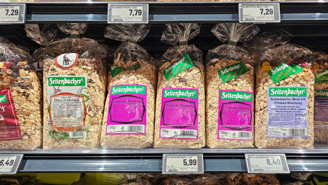 Seitenbacher muesli packages displayed on supermarket shelf